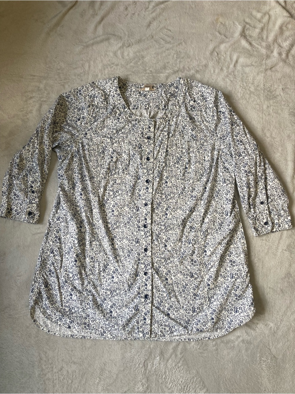 Duluth trading tunic blouse womens XL ivory blue floral organic cotton